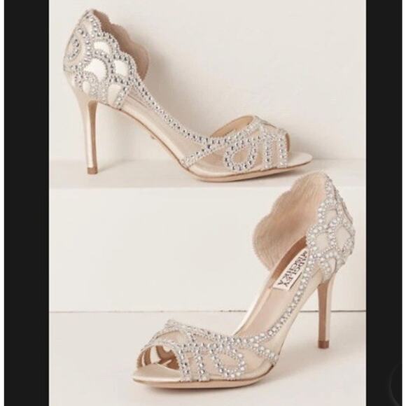 BHLDN Badgley Mischka Marla Peep Heels Embellished Nude Peep toe Pumps Size 6.5 - Picture 2 of 9